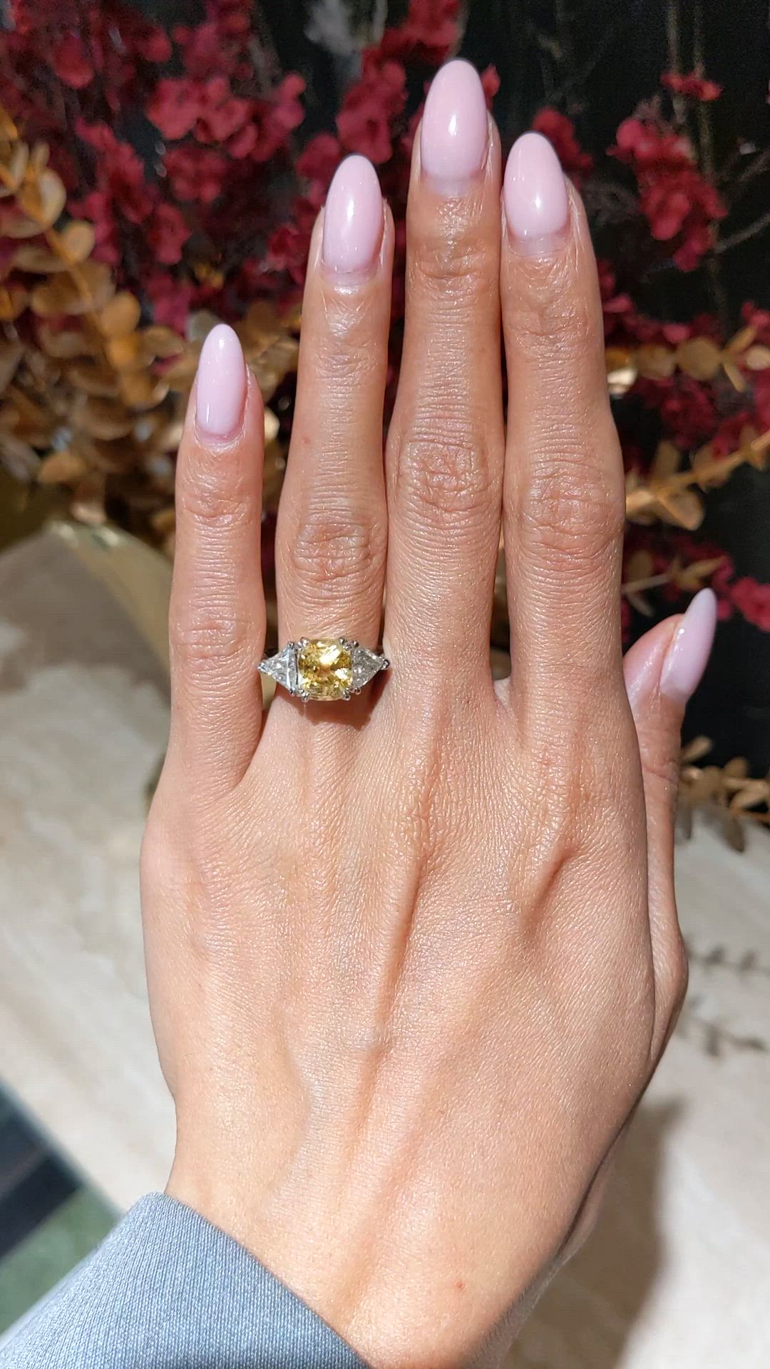 3.70 Ct. Yellow Sapphire and Natural Diamond Three Stone Ring, Platinum 950 Size Video