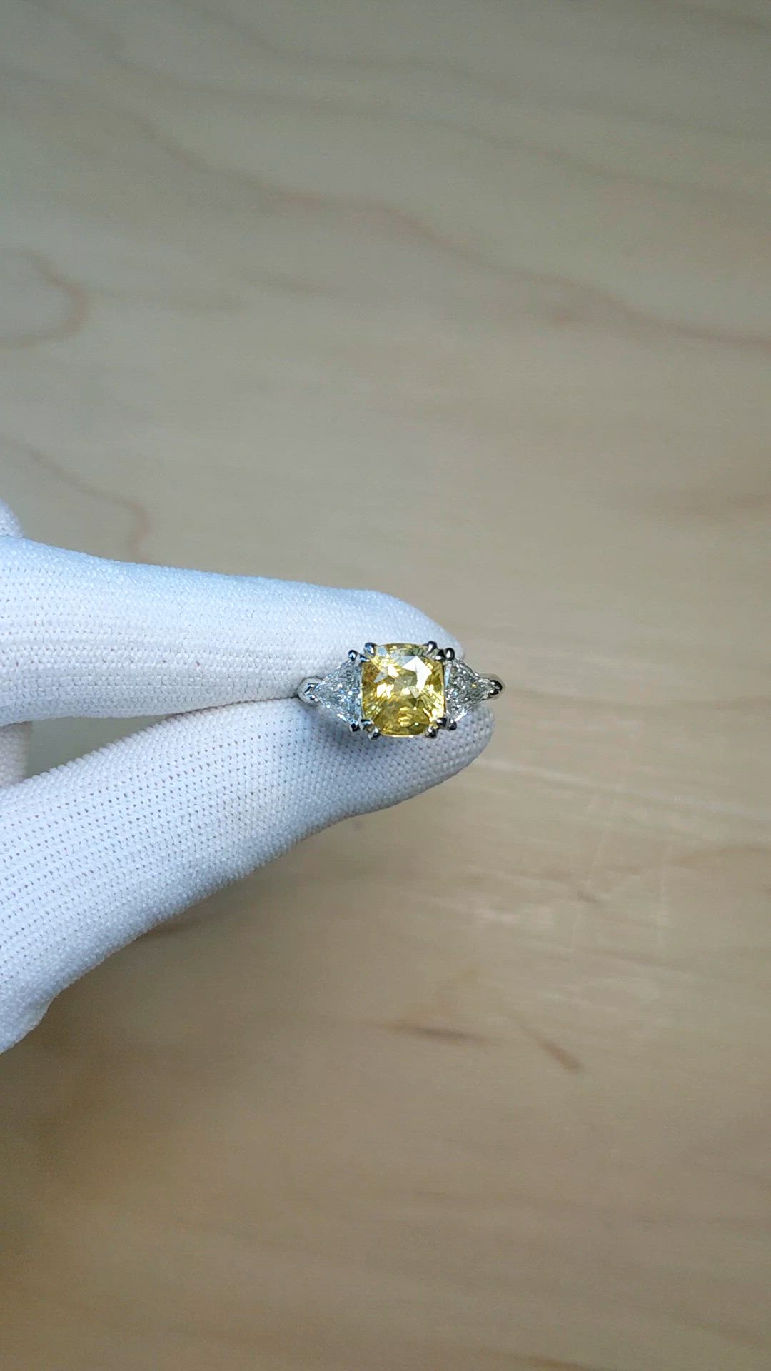3.70 Ct. Yellow Sapphire and Natural Diamond Three Stone Ring, Platinum 950 Size Video