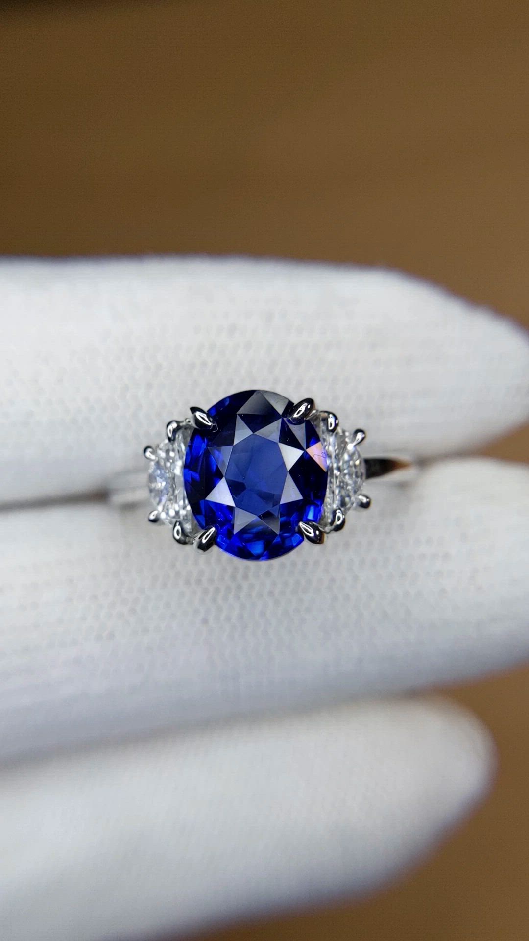 3.04 Ct. Blue Sapphire and Natural Diamond Three Stone Ring, Platinum 950 Size Video