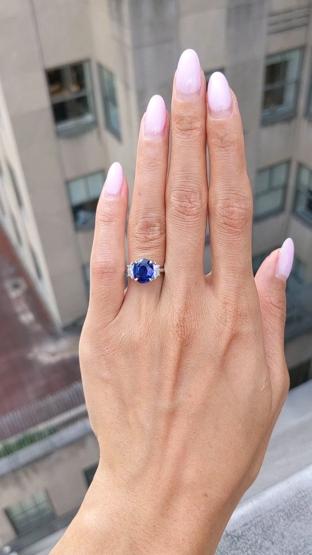 3.04 Ct. Blue Sapphire and Natural Diamond Three Stone Ring, Platinum 950 Size Video