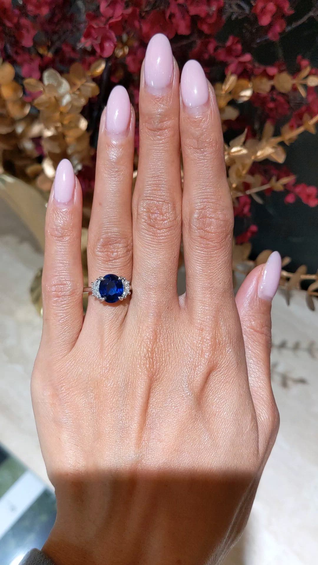 3.04 Ct. Blue Sapphire and Natural Diamond Three Stone Ring, Platinum 950 Size Video