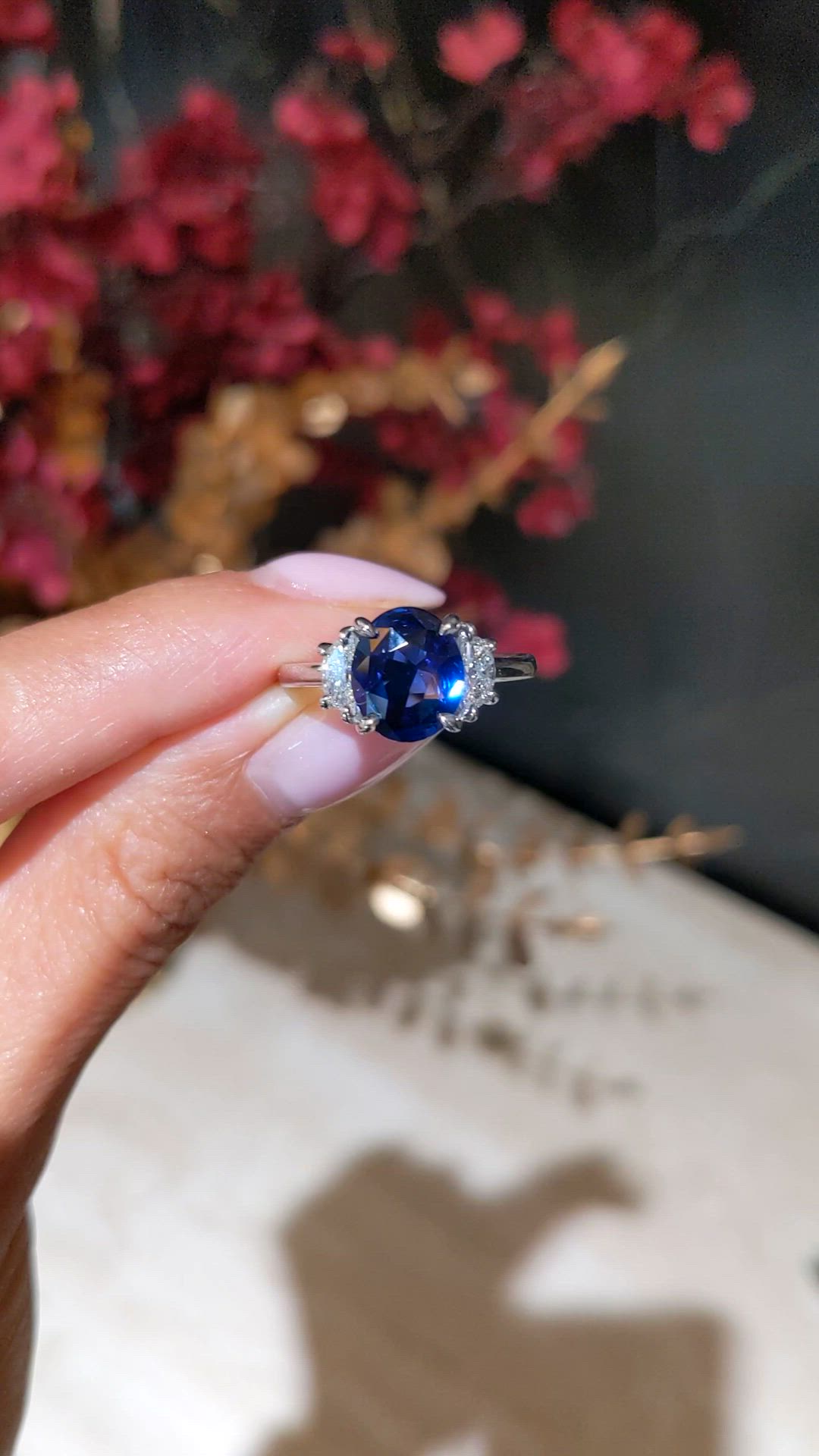 3.04 Ct. Blue Sapphire and Natural Diamond Three Stone Ring, Platinum 950 Size Video