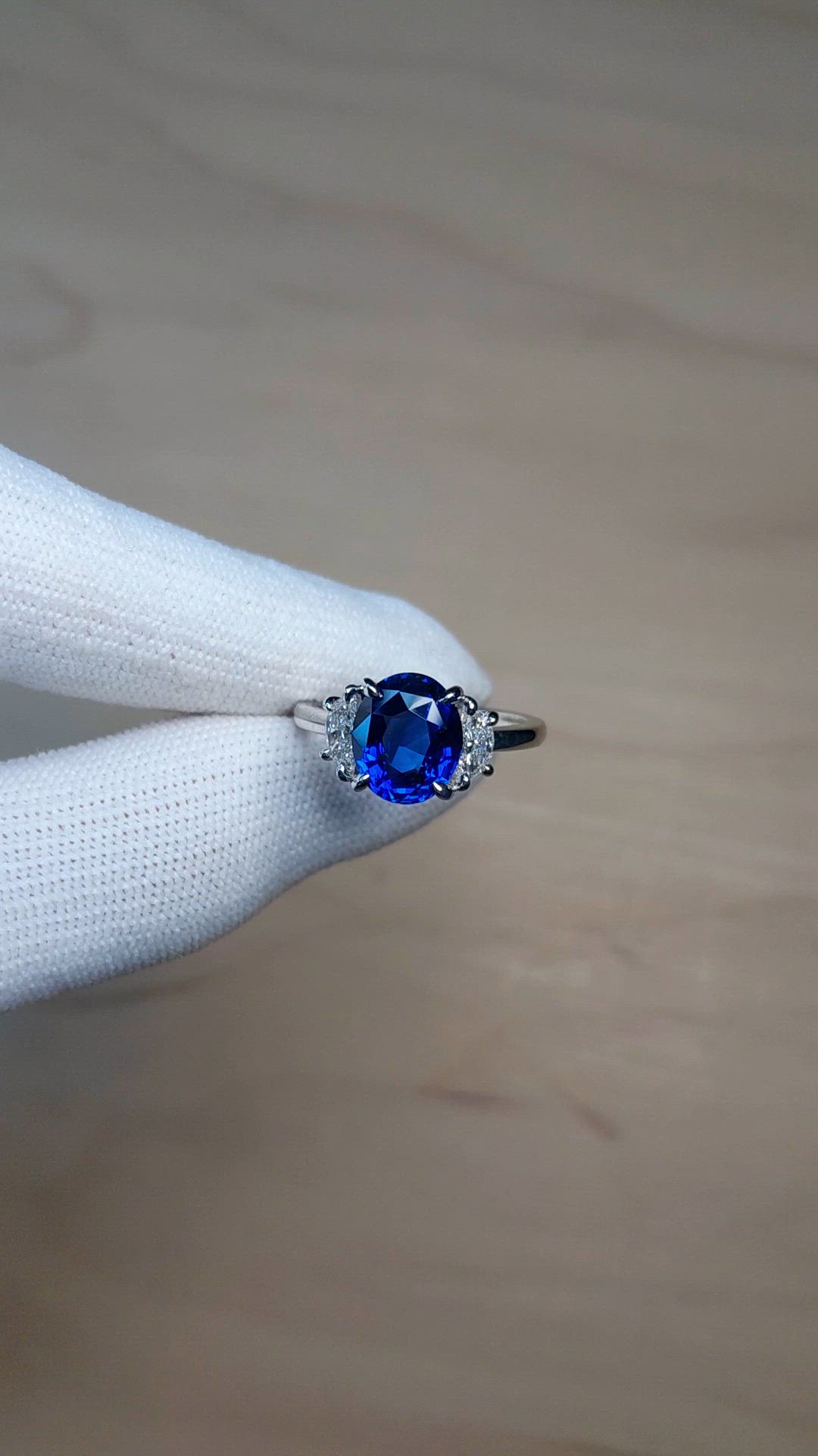 3.04 Ct. Blue Sapphire and Natural Diamond Three Stone Ring, Platinum 950 Size Video