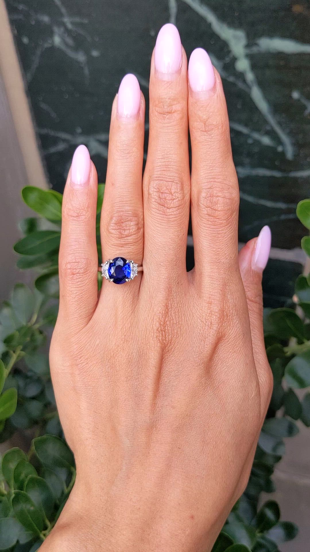 3.04 Ct. Blue Sapphire and Natural Diamond Three Stone Ring, Platinum 950 Size Video