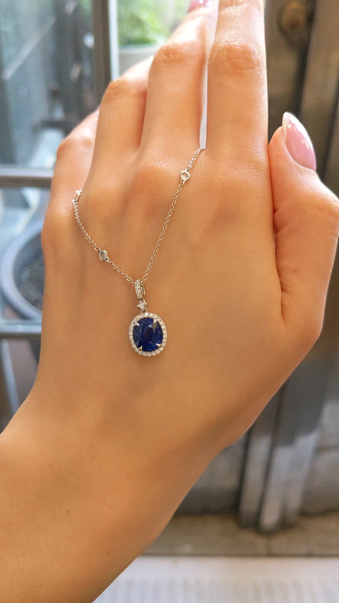 3.83 Ct. Blue Sapphire and Natural Diamond Pave Pendant, 18K White Gold Size Video