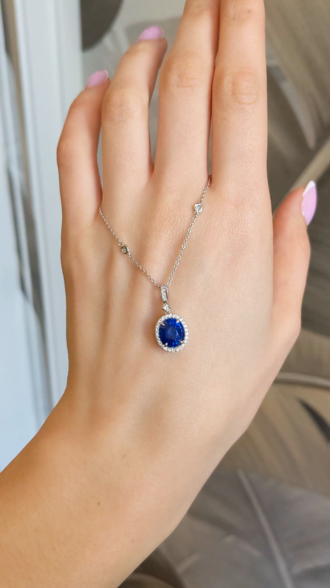 3.83 Ct. Blue Sapphire and Natural Diamond Pave Pendant, 18K White Gold Size Video