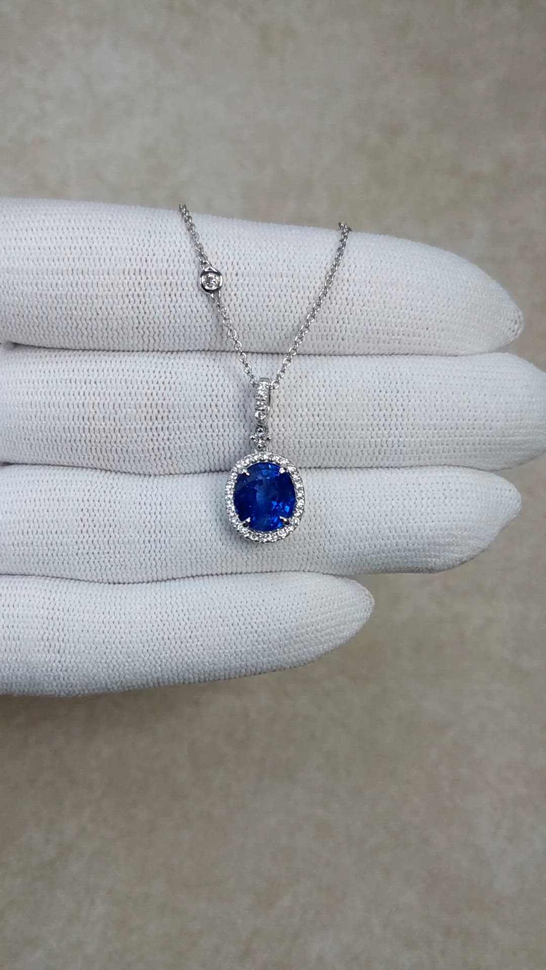 3.83 Ct. Blue Sapphire and Natural Diamond Pave Pendant, 18K White Gold Size Video