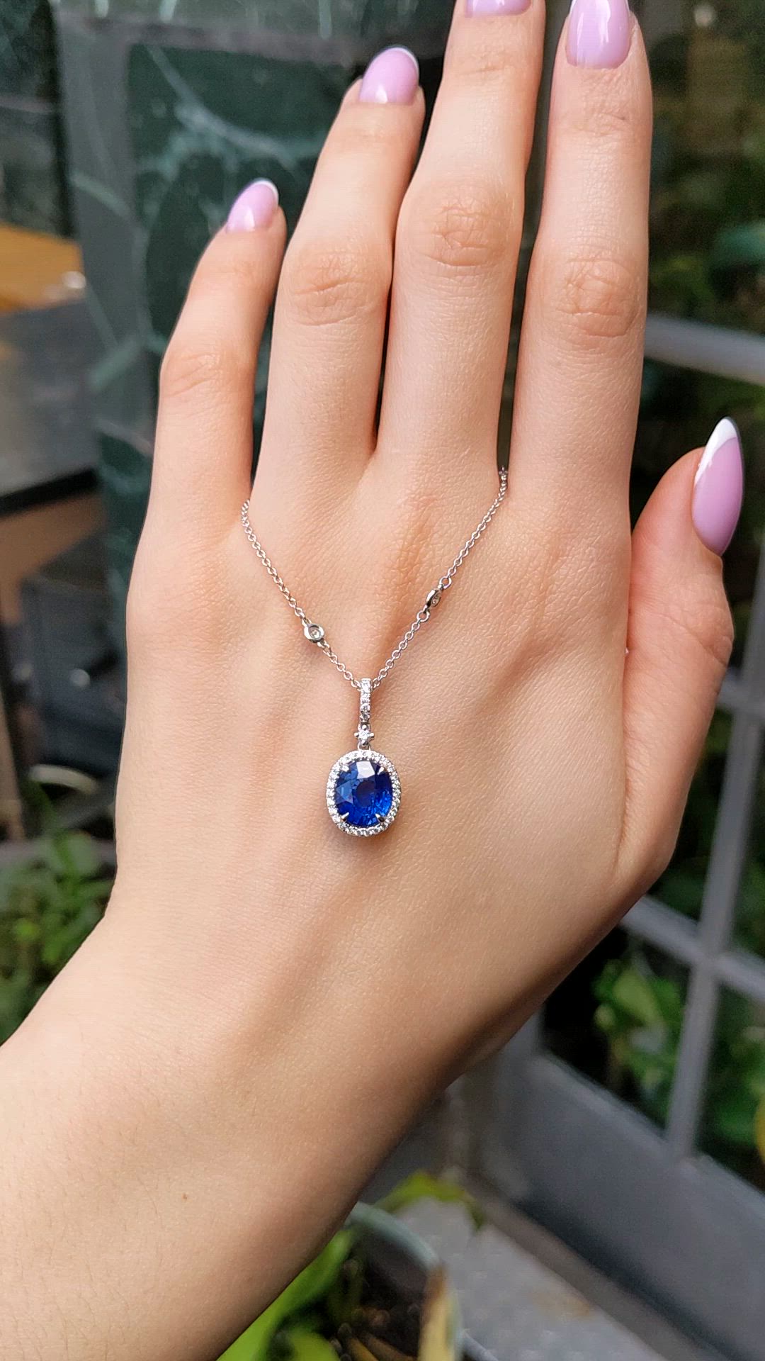 3.83 Ct. Blue Sapphire and Natural Diamond Pave Pendant, 18K White Gold Size Video