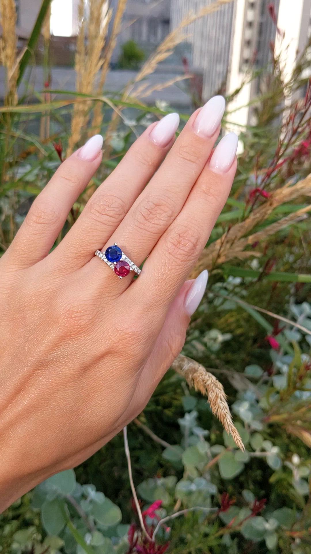 2.31 Ct.Tw.Total Carat Weight Ruby, Blue Sapphire and Natural Diamond Pave Ring, 14K White Gold Size Video