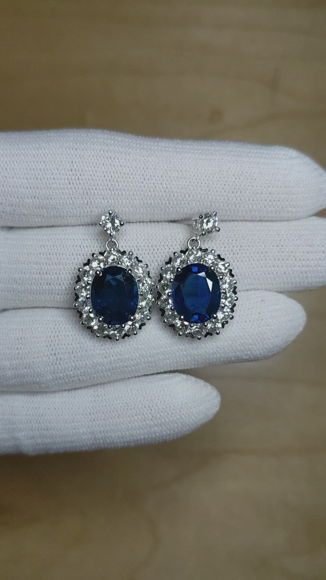 8.71 Ct.Tw.Total Carat Weight Blue Sapphire and Natural Diamond Accent Stones Earrings, Platinum 950 Size Video