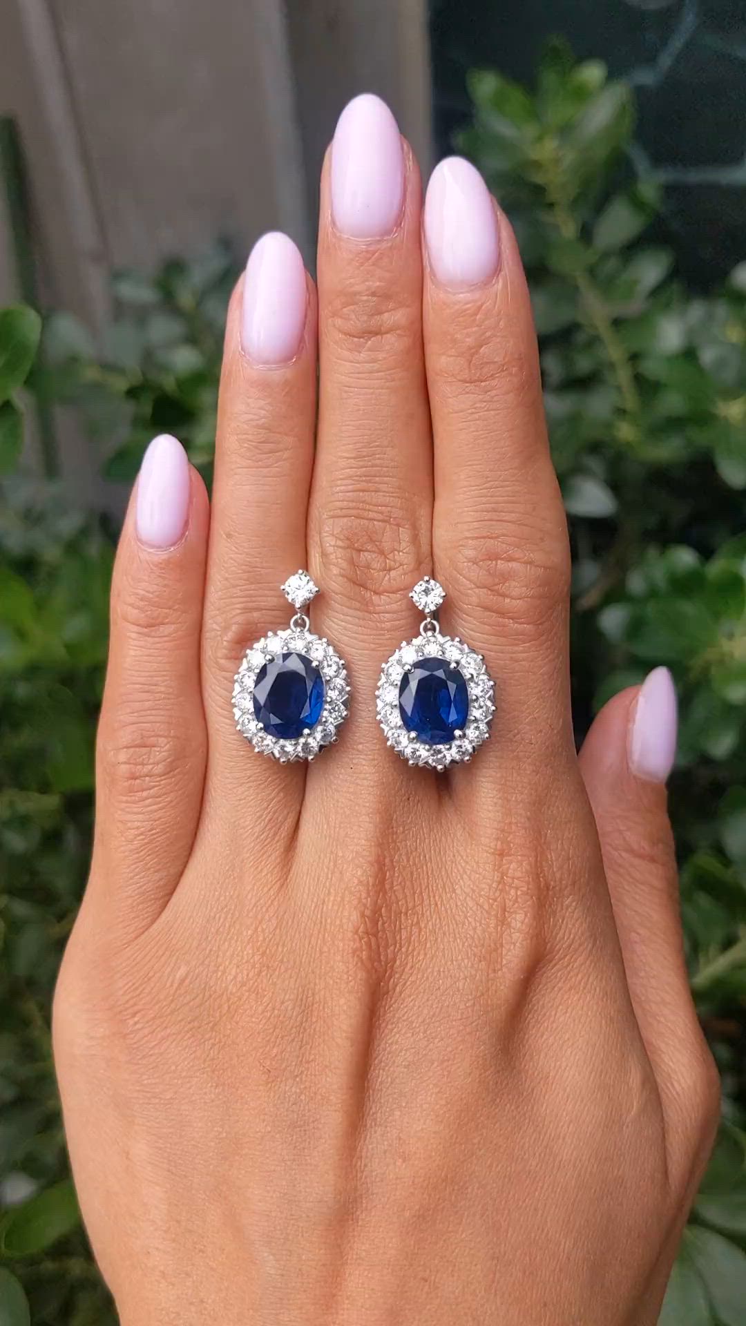 8.71 Ct.Tw.Total Carat Weight Blue Sapphire and Natural Diamond Accent Stones Earrings, Platinum 950 Size Video
