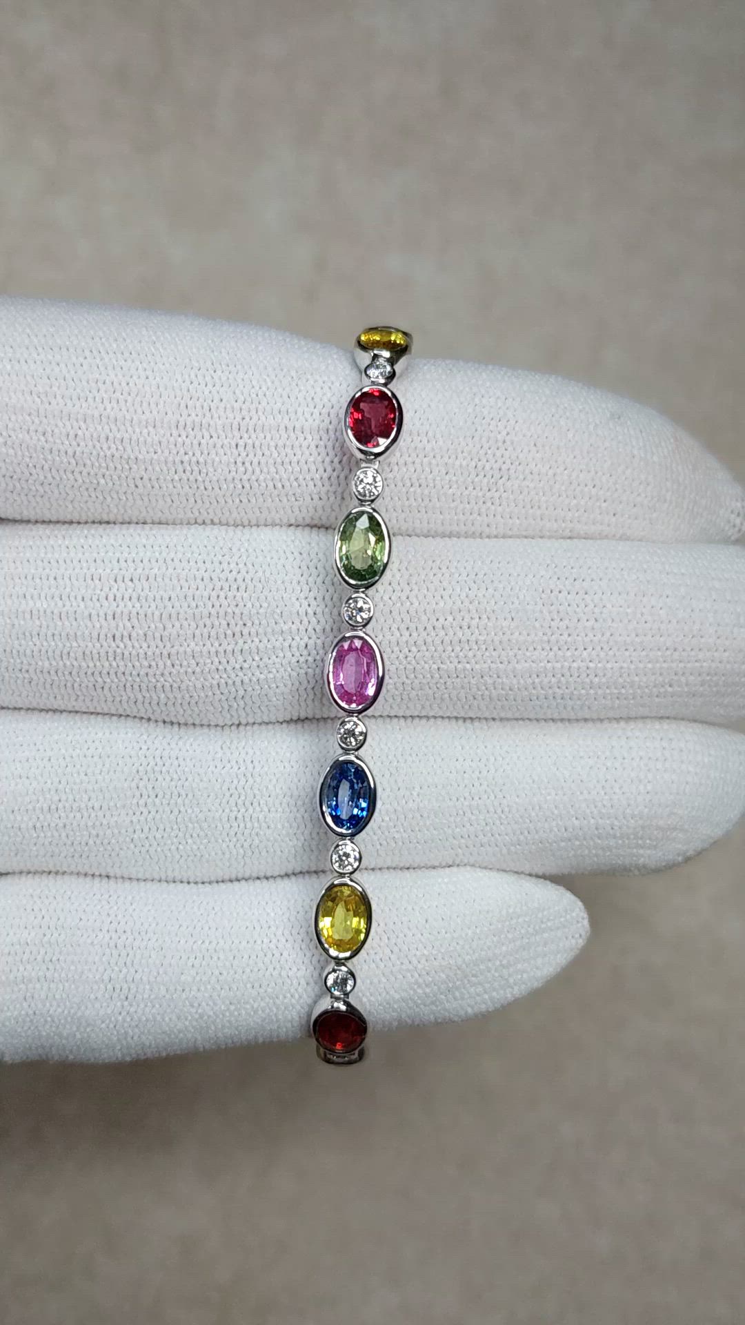 9.63 Ct.Tw.Total Carat Weight Multi Color Sapphire and Natural Diamond Bezel Bracelet, Platinum 600 Size Video
