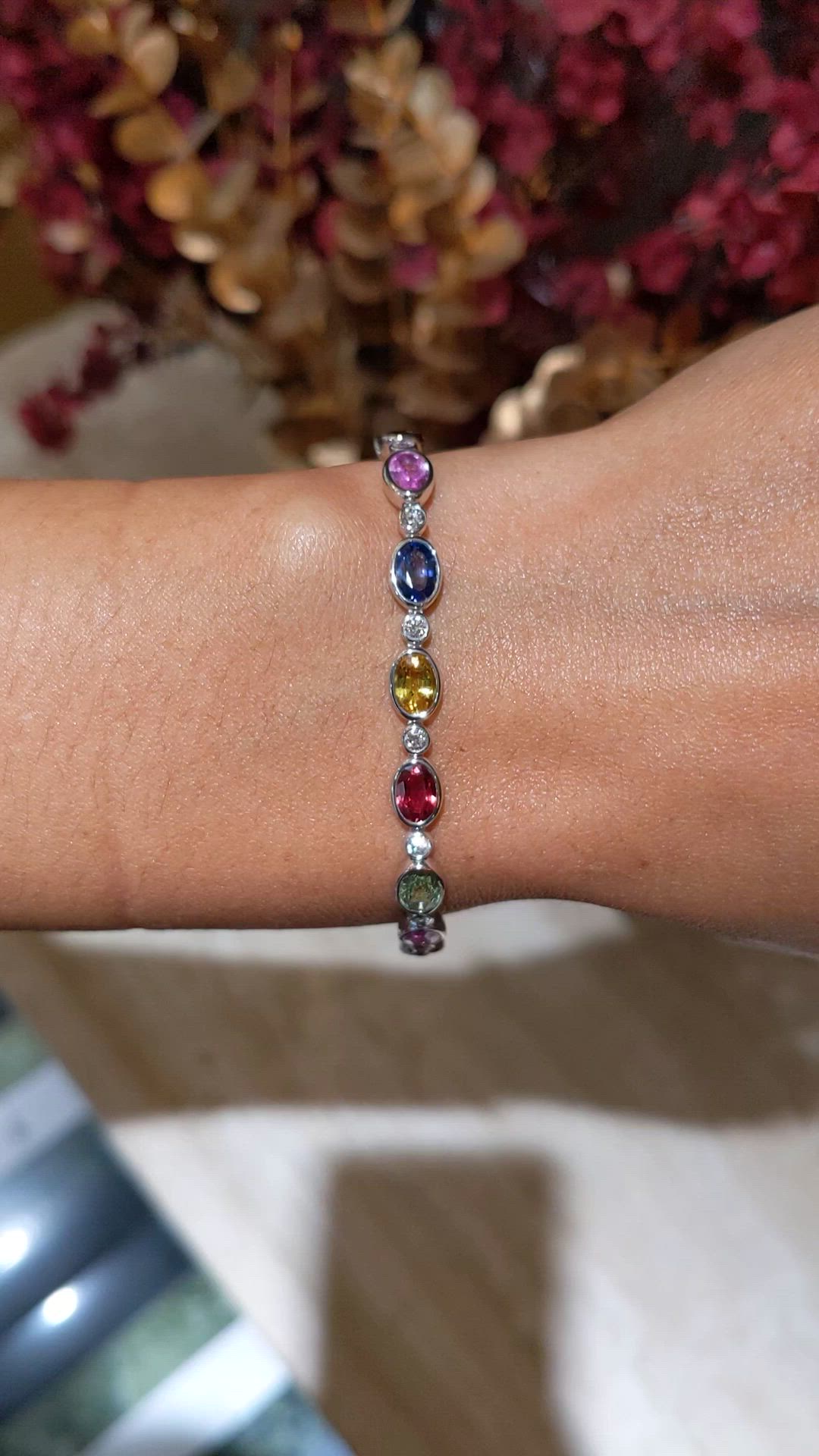 9.63 Ct.Tw.Total Carat Weight Multi Color Sapphire and Natural Diamond Bezel Bracelet, Platinum 600 Size Video
