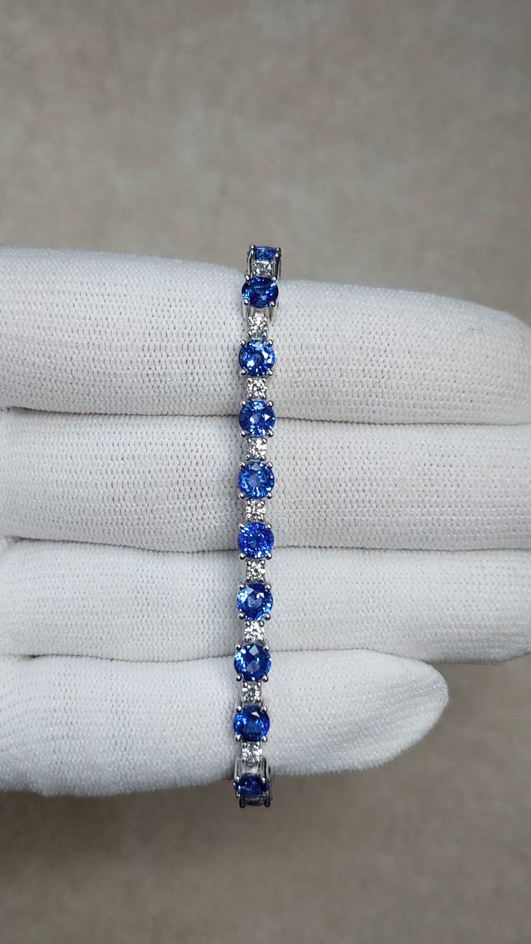 10.30 Ct.Tw.Total Carat Weight Blue Sapphire and Natural Diamond Tennis/Line Bracelet, Platinum 600 Size Video