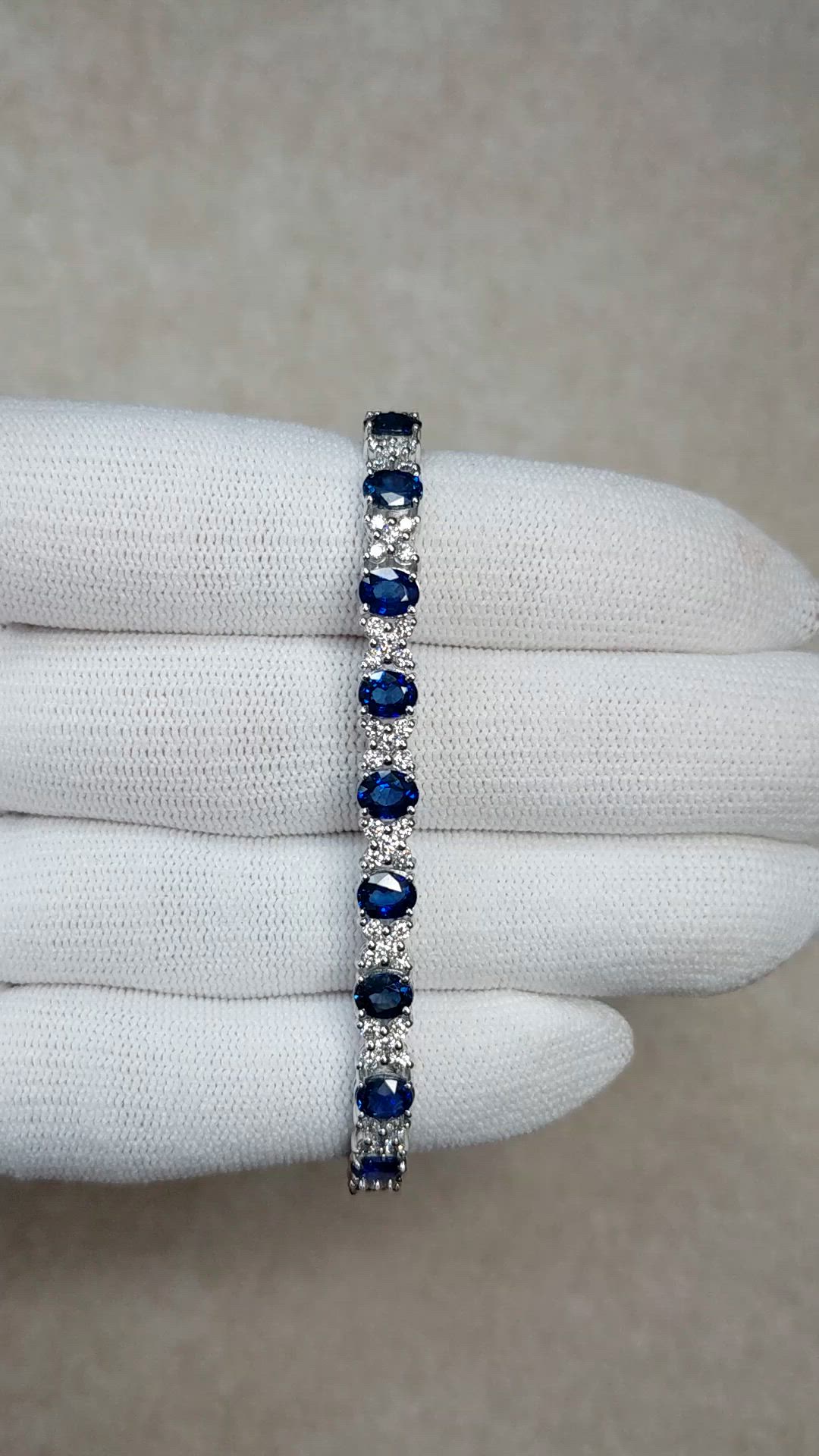 8.90 Ct.Tw.Total Carat Weight Blue Sapphire and Natural Diamond Tennis/Line Bracelet, Platinum 600 Size Video