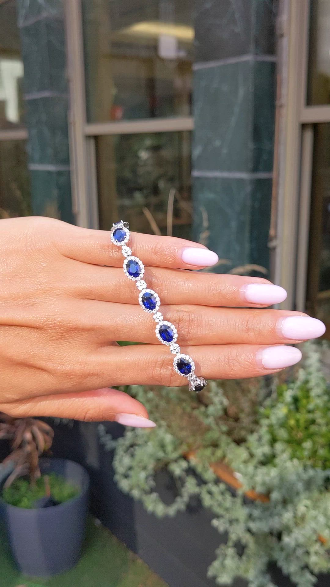 14.09 Ct.Tw.Total Carat Weight Blue Sapphire and Natural Diamond Tennis/Line Bracelet, Platinum 600 Size Video