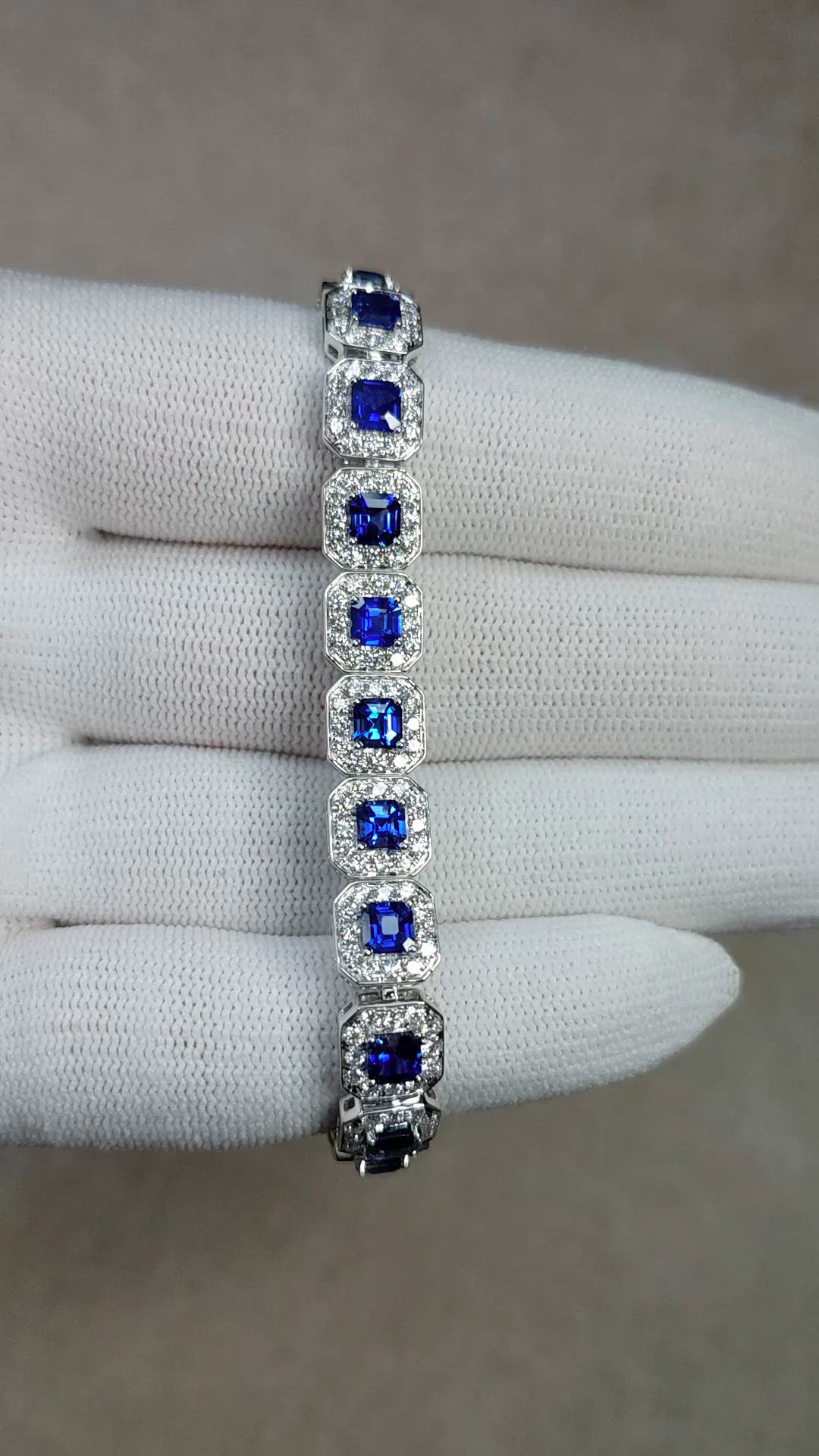 8.23 Ct.Tw.Total Carat Weight Blue Sapphire and Natural Diamond Tennis/Line Bracelet, 14K White Gold Size Video