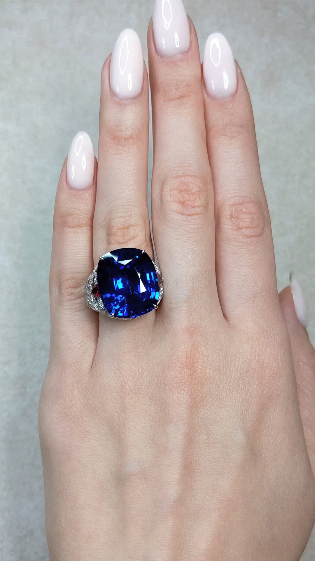 25.95 Ct. Blue Sapphire, Natural Diamond and Ruby Antique Style Ring, 18K White Gold Size Video
