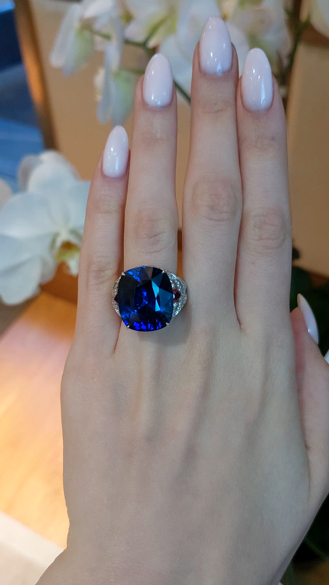 25.95 Ct. Blue Sapphire, Natural Diamond and Ruby Antique Style Ring, 18K White Gold Size Video