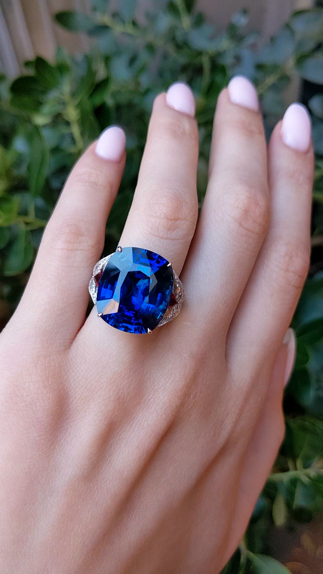 25.95 Ct. Blue Sapphire, Natural Diamond and Ruby Antique Style Ring, 18K White Gold Size Video