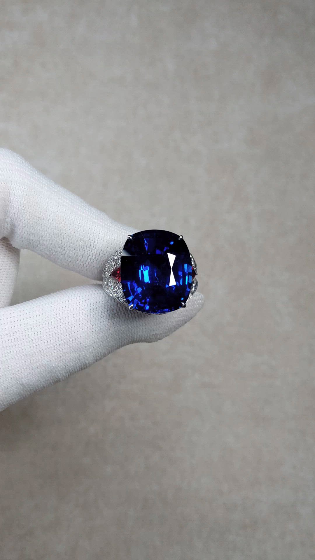 25.95 Ct. Blue Sapphire, Natural Diamond and Ruby Antique Style Ring, 18K White Gold Size Video