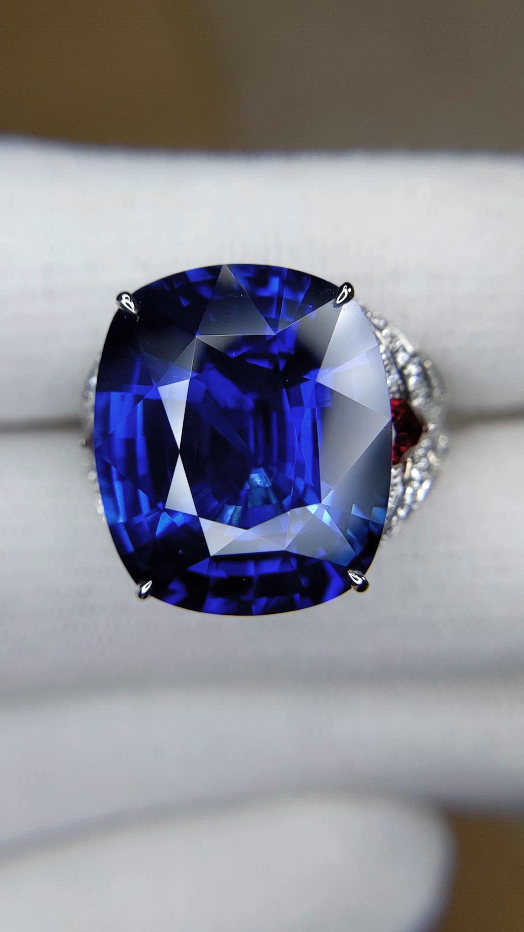25.95 Ct. Blue Sapphire, Natural Diamond and Ruby Antique Style Ring, 18K White Gold Size Video