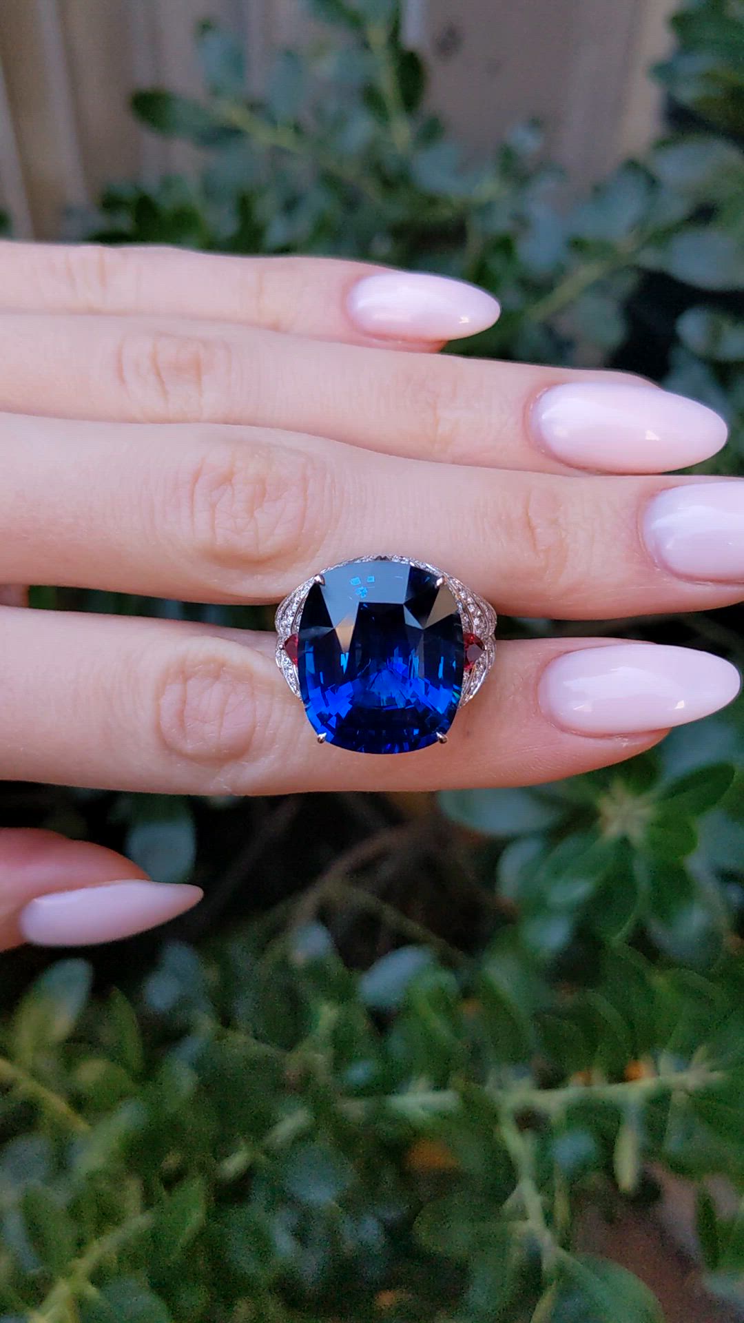25.95 Ct. Blue Sapphire, Natural Diamond and Ruby Antique Style Ring, 18K White Gold Size Video