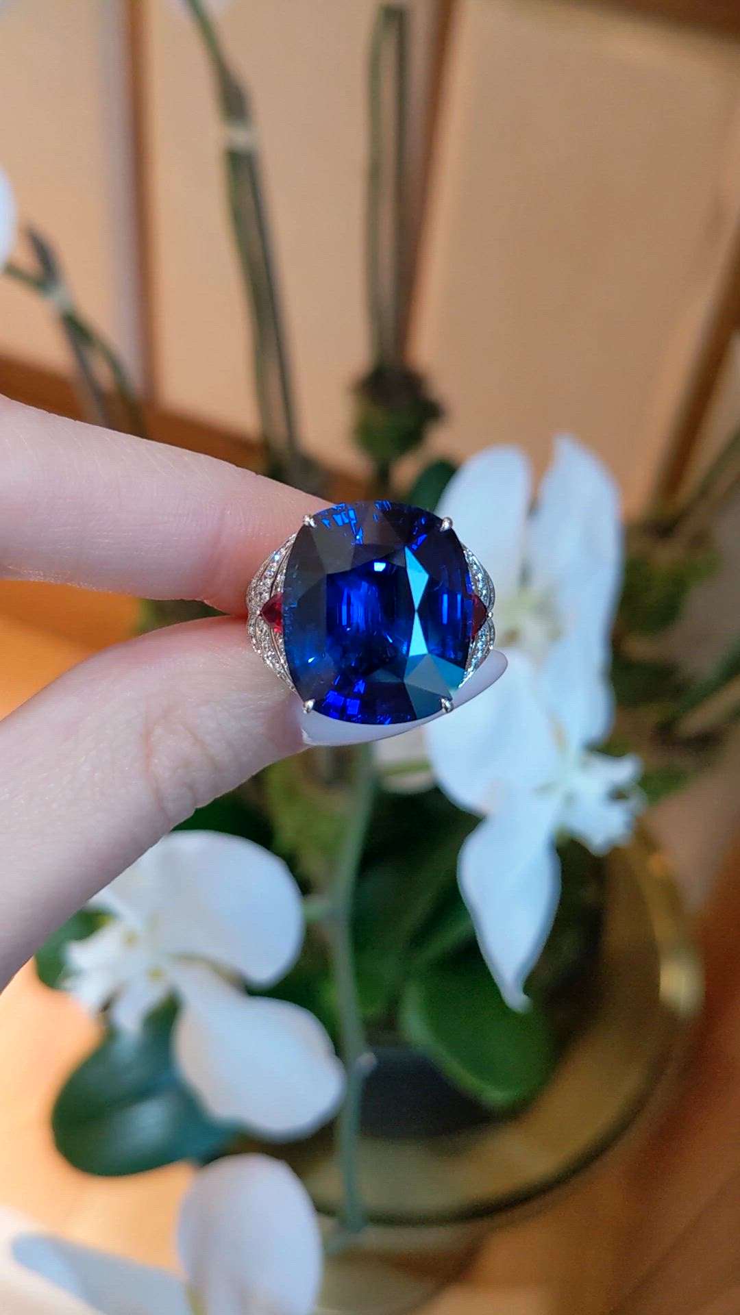 25.95 Ct. Blue Sapphire, Natural Diamond and Ruby Antique Style Ring, 18K White Gold Size Video
