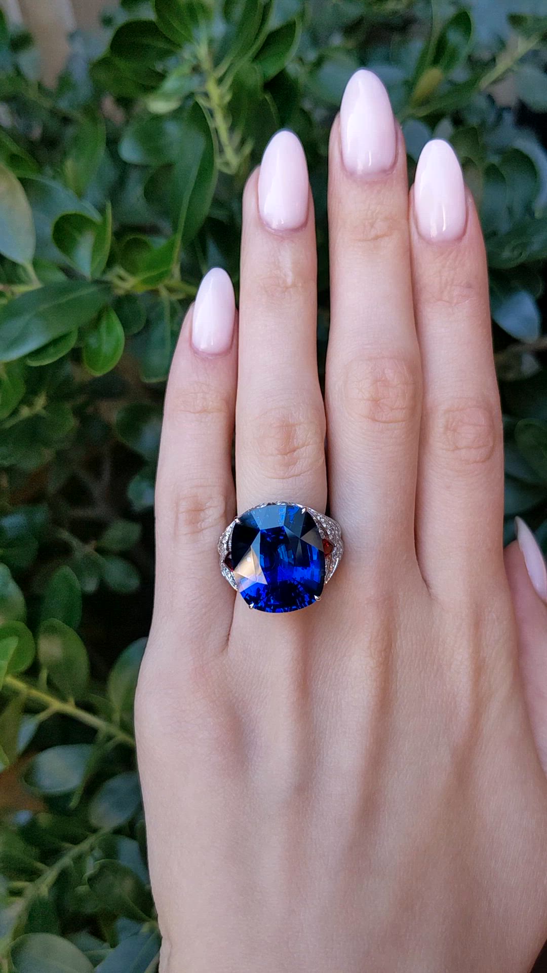 25.95 Ct. Blue Sapphire, Natural Diamond and Ruby Antique Style Ring, 18K White Gold Size Video