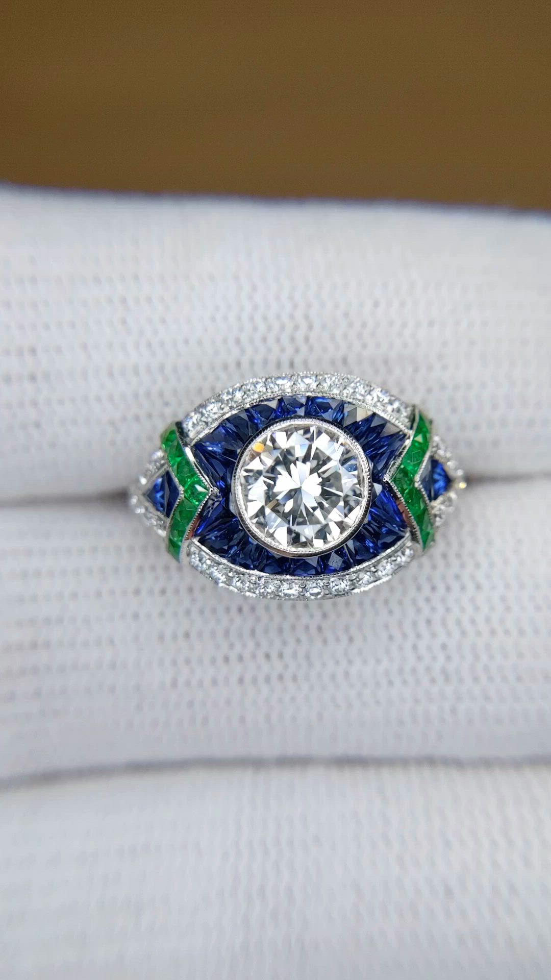 1.91 Ct.Tw.Total Carat Weight Natural Diamond, Blue Sapphire and Emerald Pave Ring, Platinum 950 Size Video