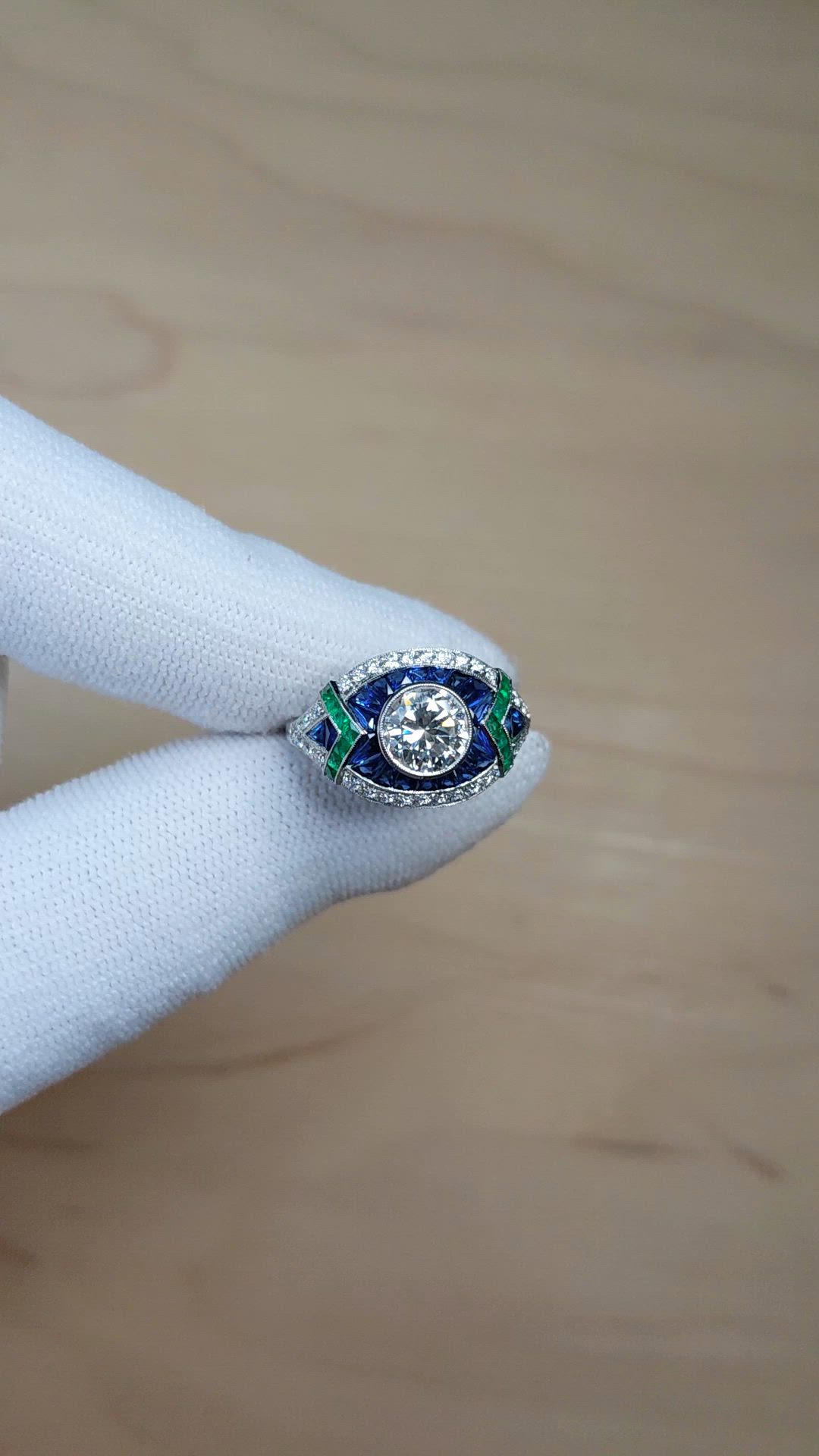 1.91 Ct.Tw.Total Carat Weight Natural Diamond, Blue Sapphire and Emerald Pave Ring, Platinum 950 Size Video