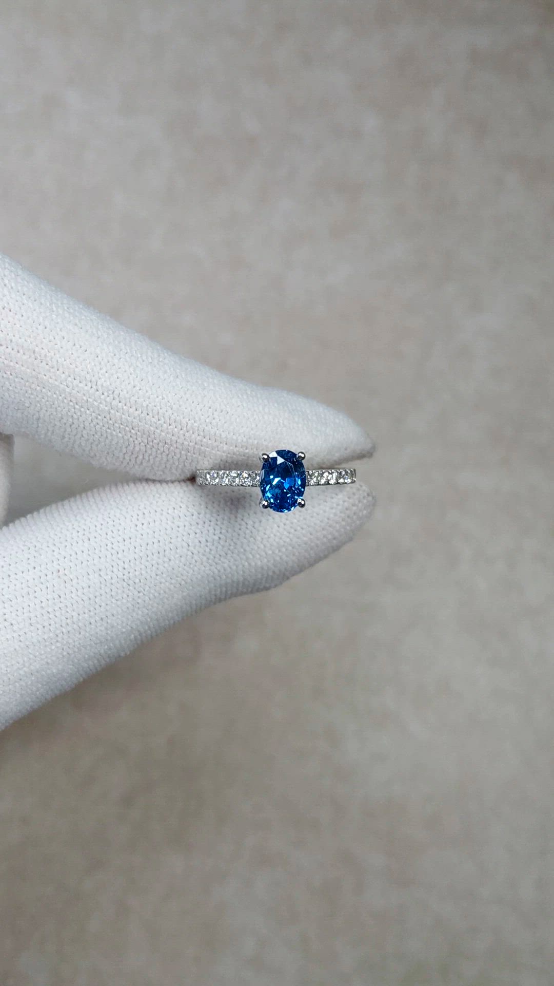 1.36 Ct. Blue Sapphire and Natural Diamond Pave Ring, 14K White Gold Size Video