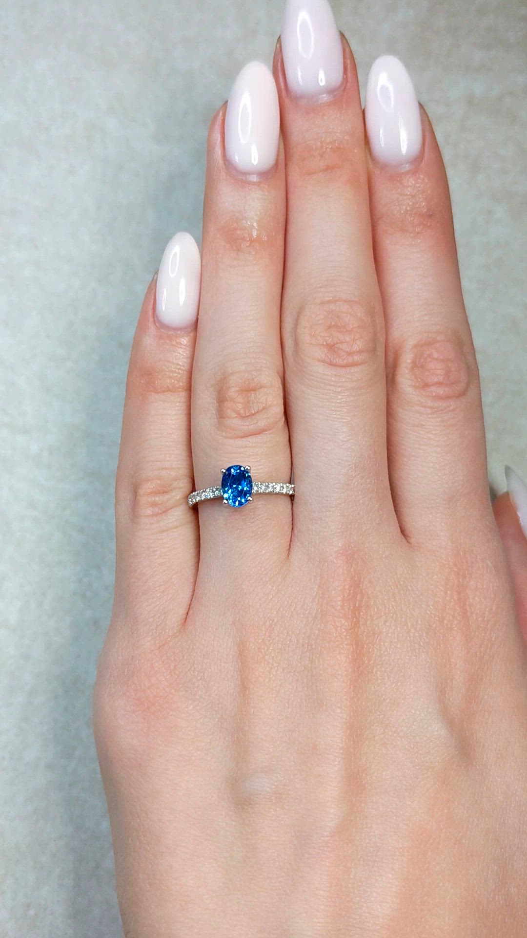 1.36 Ct. Blue Sapphire and Natural Diamond Pave Ring, 14K White Gold Size Video