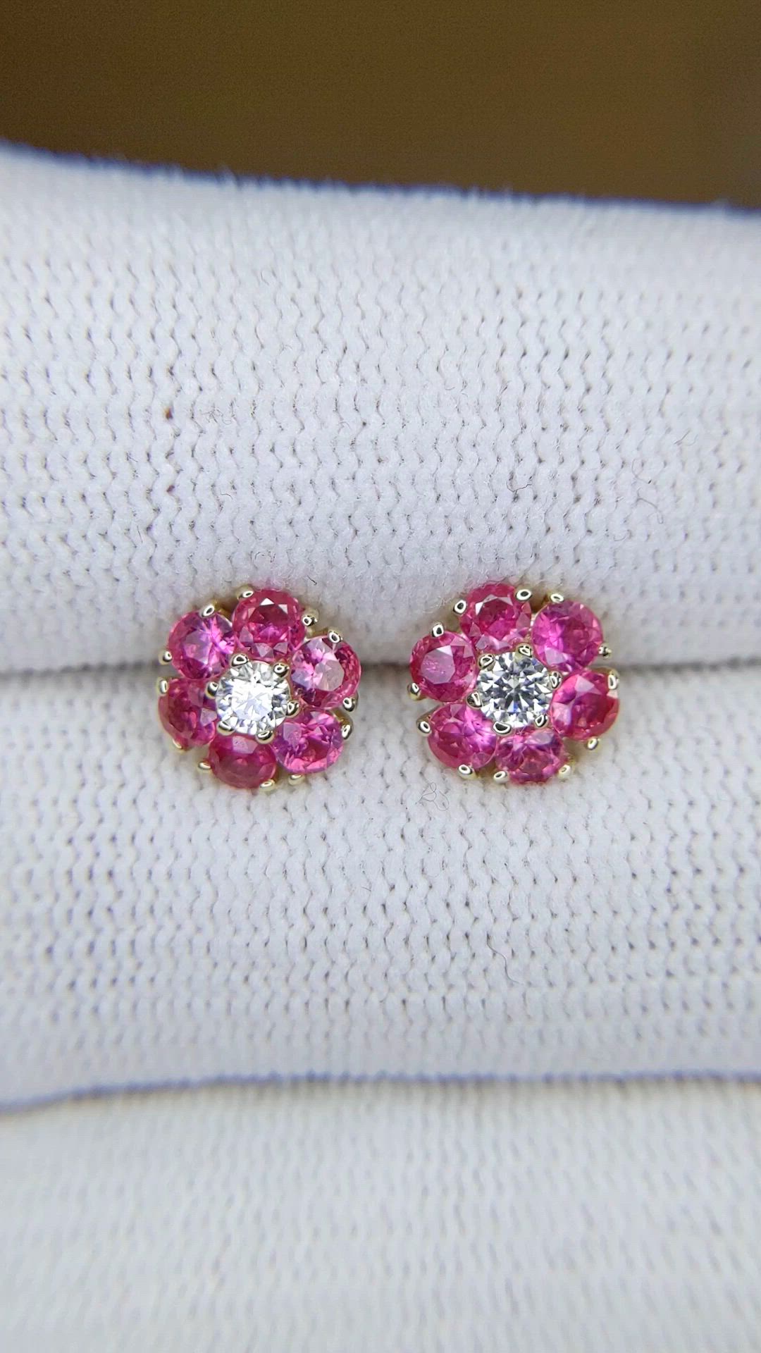 1.28 Ct.Tw.Total Carat Weight Pink Sapphire and Natural Diamond Studs Earrings, 14K Yellow Gold Size Video