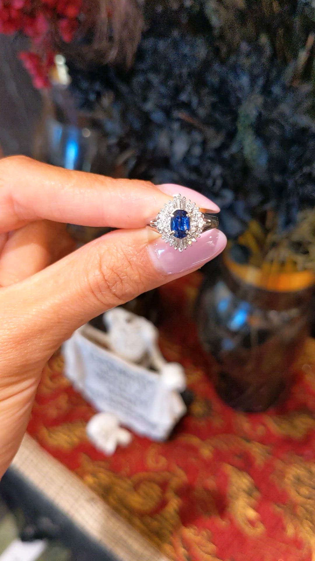 0.74 Ct. Blue Sapphire and Natural Diamond Pave Ring, Platinum 900 Size Video