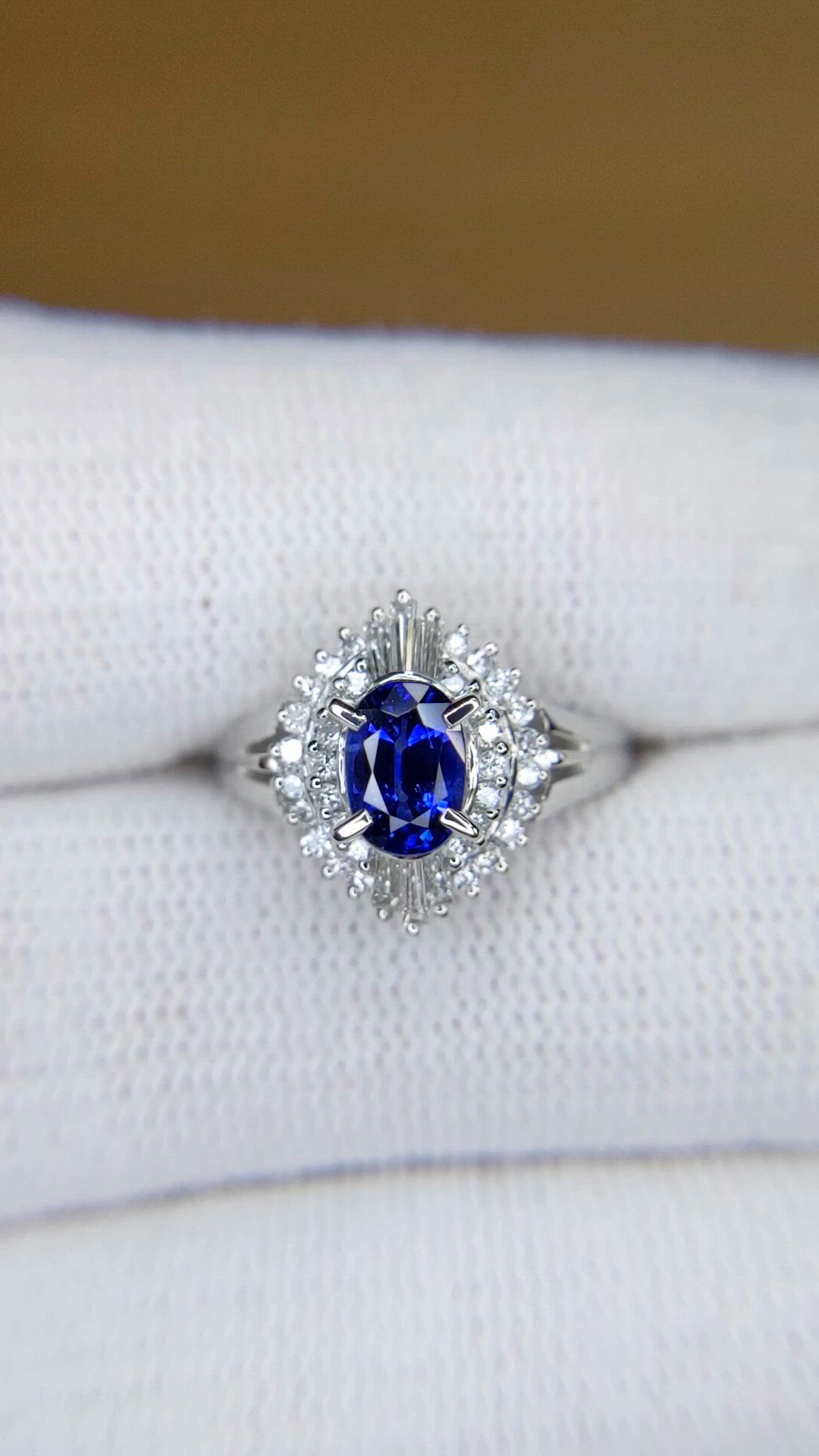 0.74 Ct. Blue Sapphire and Natural Diamond Pave Ring, Platinum 900 Size Video