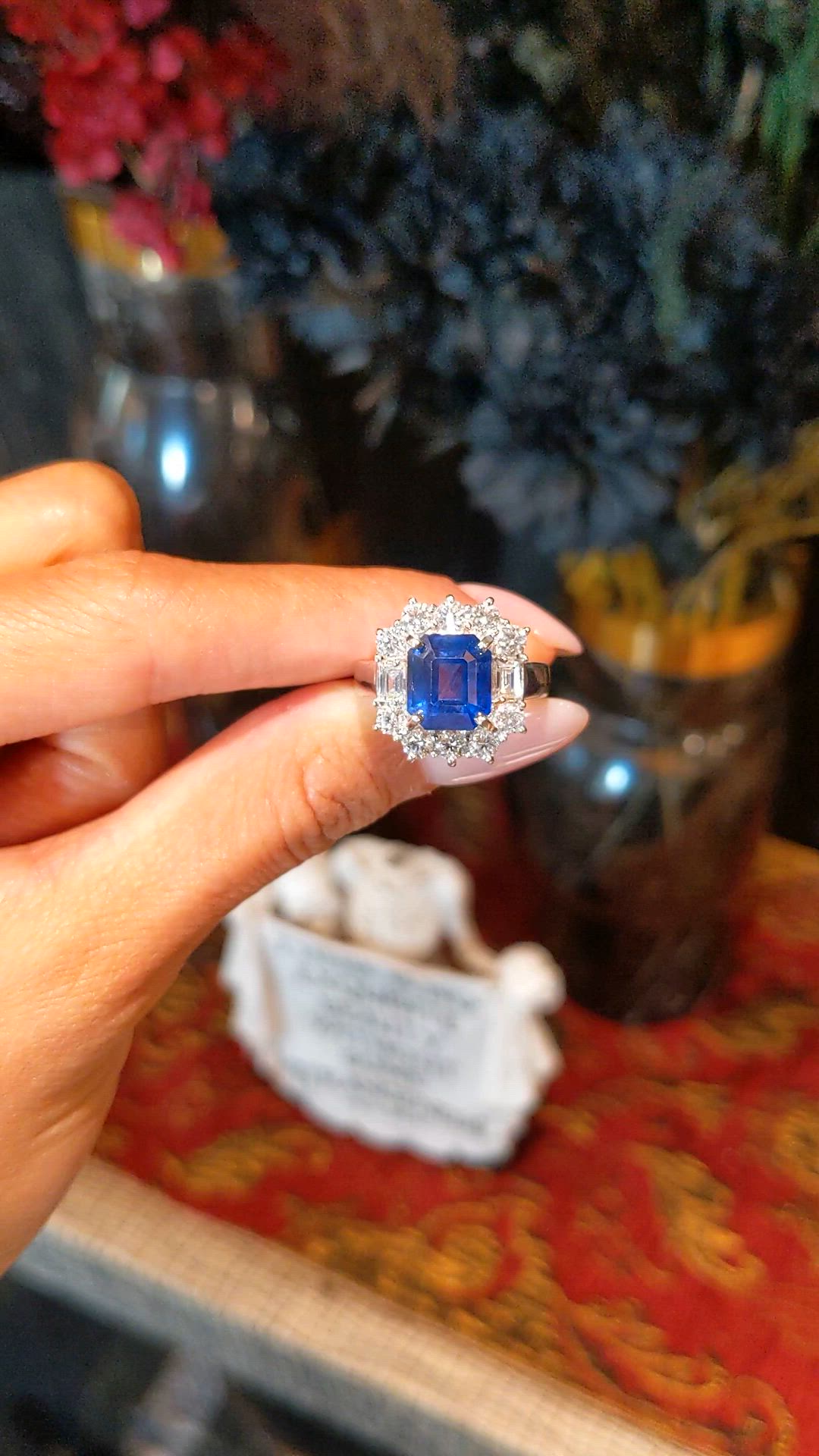 4.48 Ct. Blue Sapphire and Natural Diamond Halo Ring, 18K White Gold Size Video