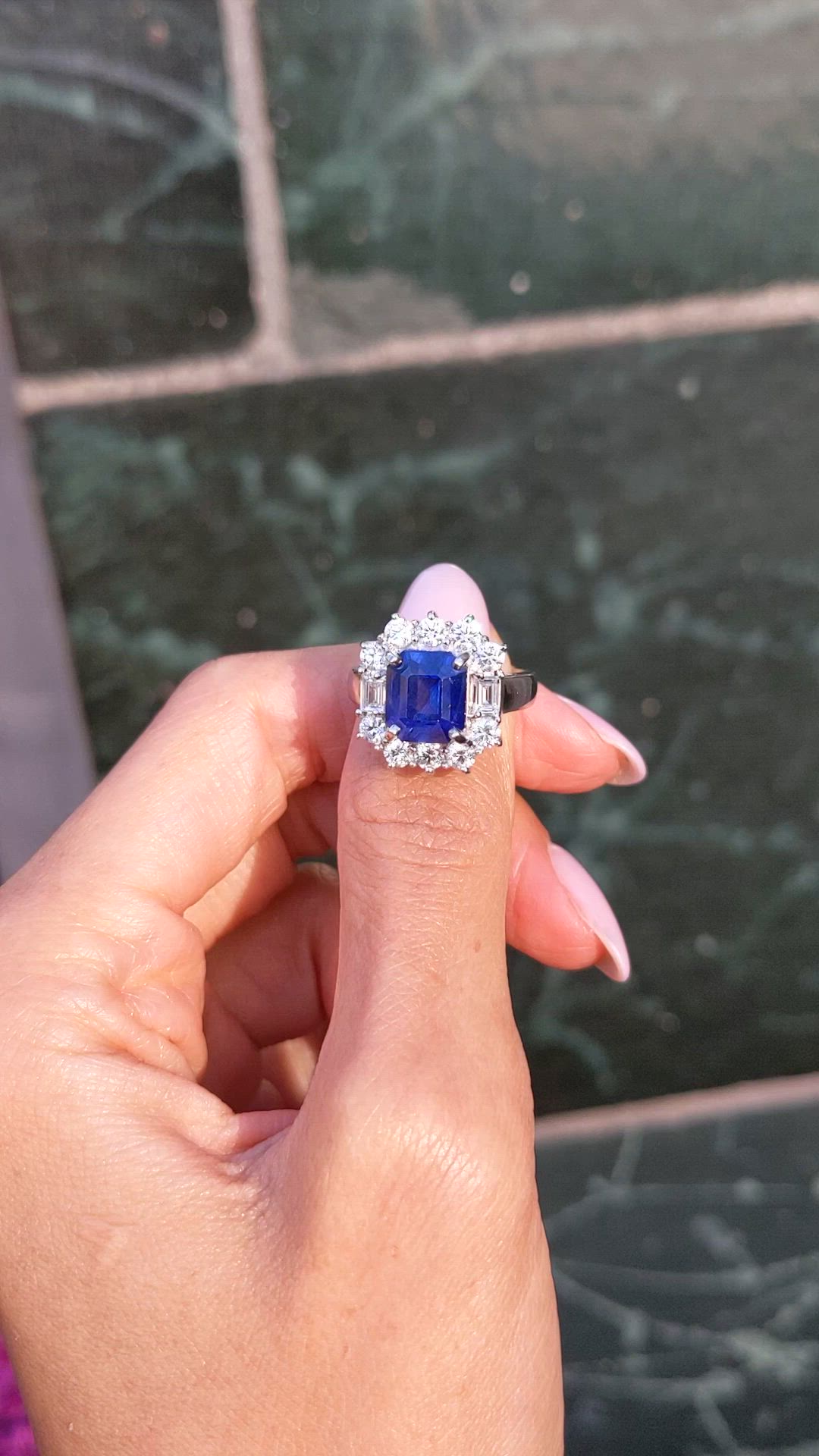 4.48 Ct. Blue Sapphire and Natural Diamond Halo Ring, 18K White Gold Size Video