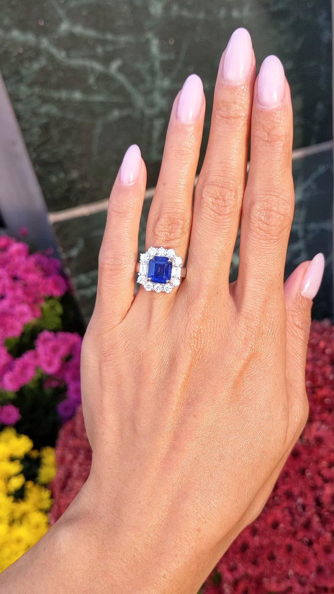 4.48 Ct. Blue Sapphire and Natural Diamond Halo Ring, 18K White Gold Size Video