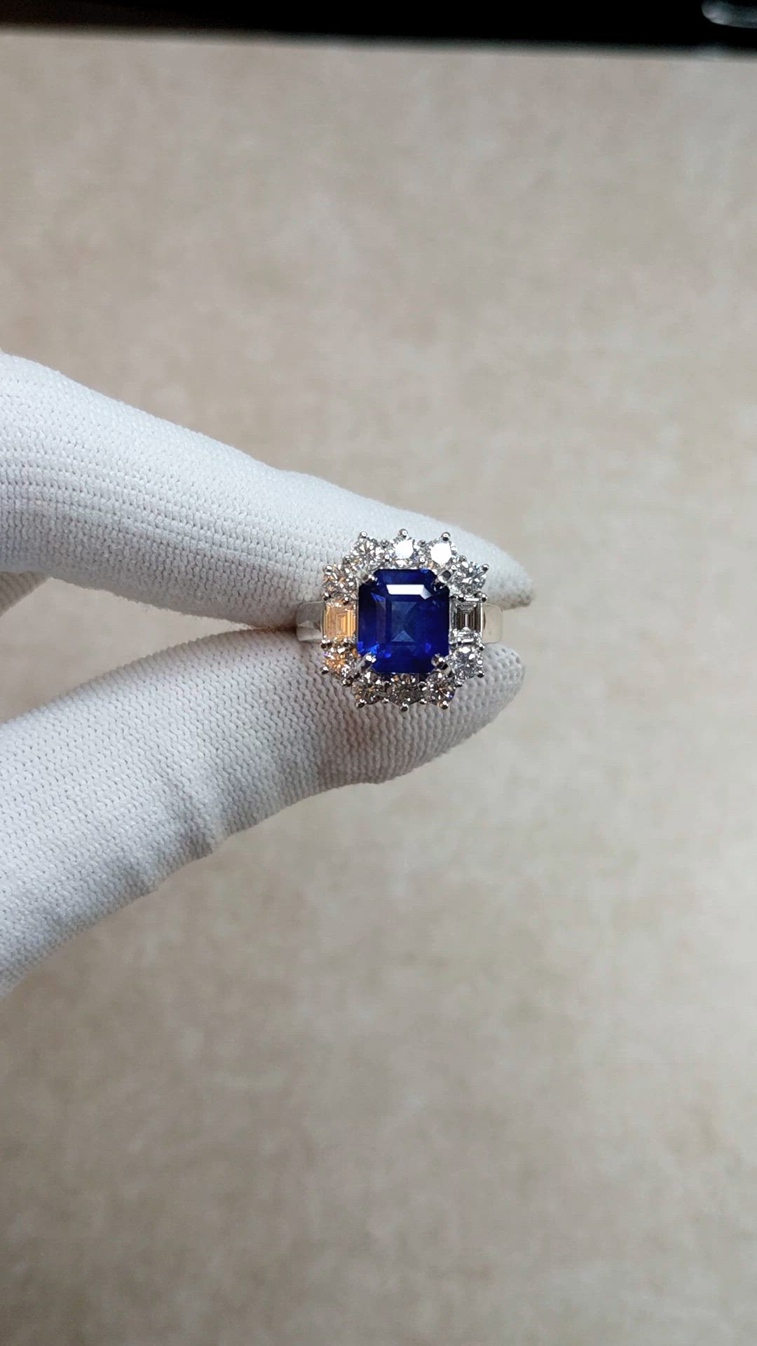 4.48 Ct. Blue Sapphire and Natural Diamond Halo Ring, 18K White Gold Size Video
