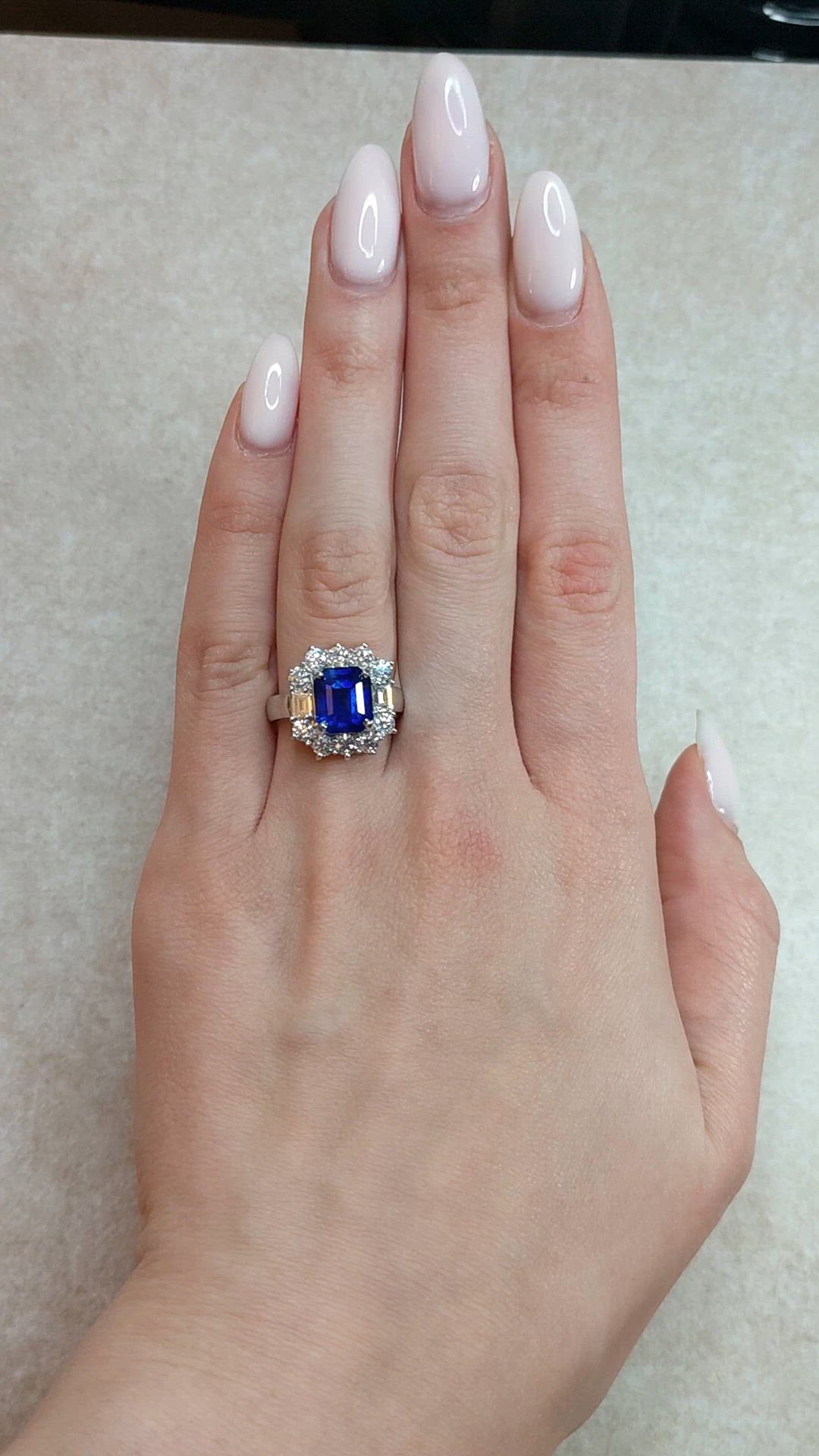 4.48 Ct. Blue Sapphire and Natural Diamond Halo Ring, 18K White Gold Size Video