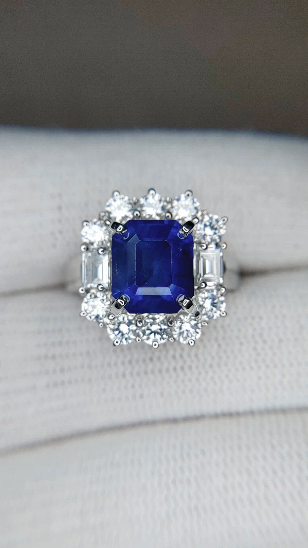 4.48 Ct. Blue Sapphire and Natural Diamond Halo Ring, 18K White Gold Size Video