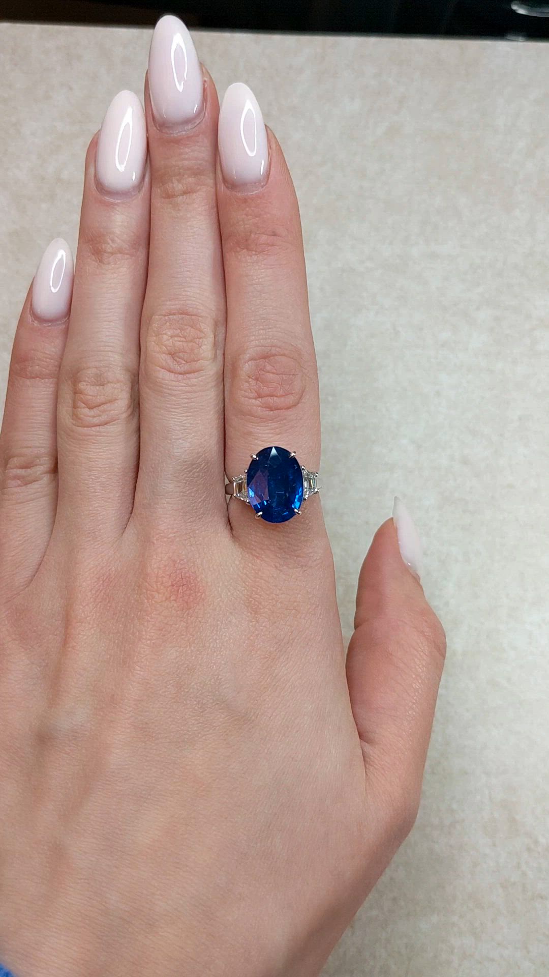 9.24 Ct. Blue Sapphire and Natural Diamond Three Stone Ring, 18K White Gold Size Video
