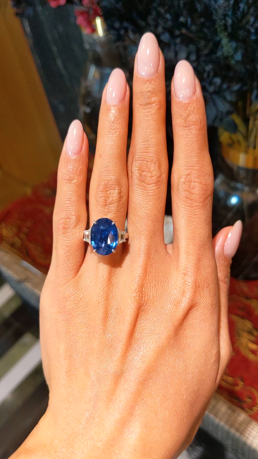 9.24 Ct. Blue Sapphire and Natural Diamond Three Stone Ring, 18K White Gold Size Video