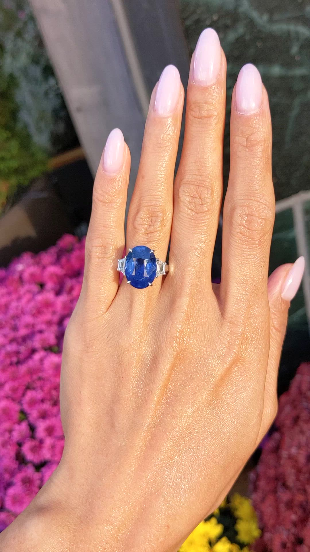 9.24 Ct. Blue Sapphire and Natural Diamond Three Stone Ring, 18K White Gold Size Video