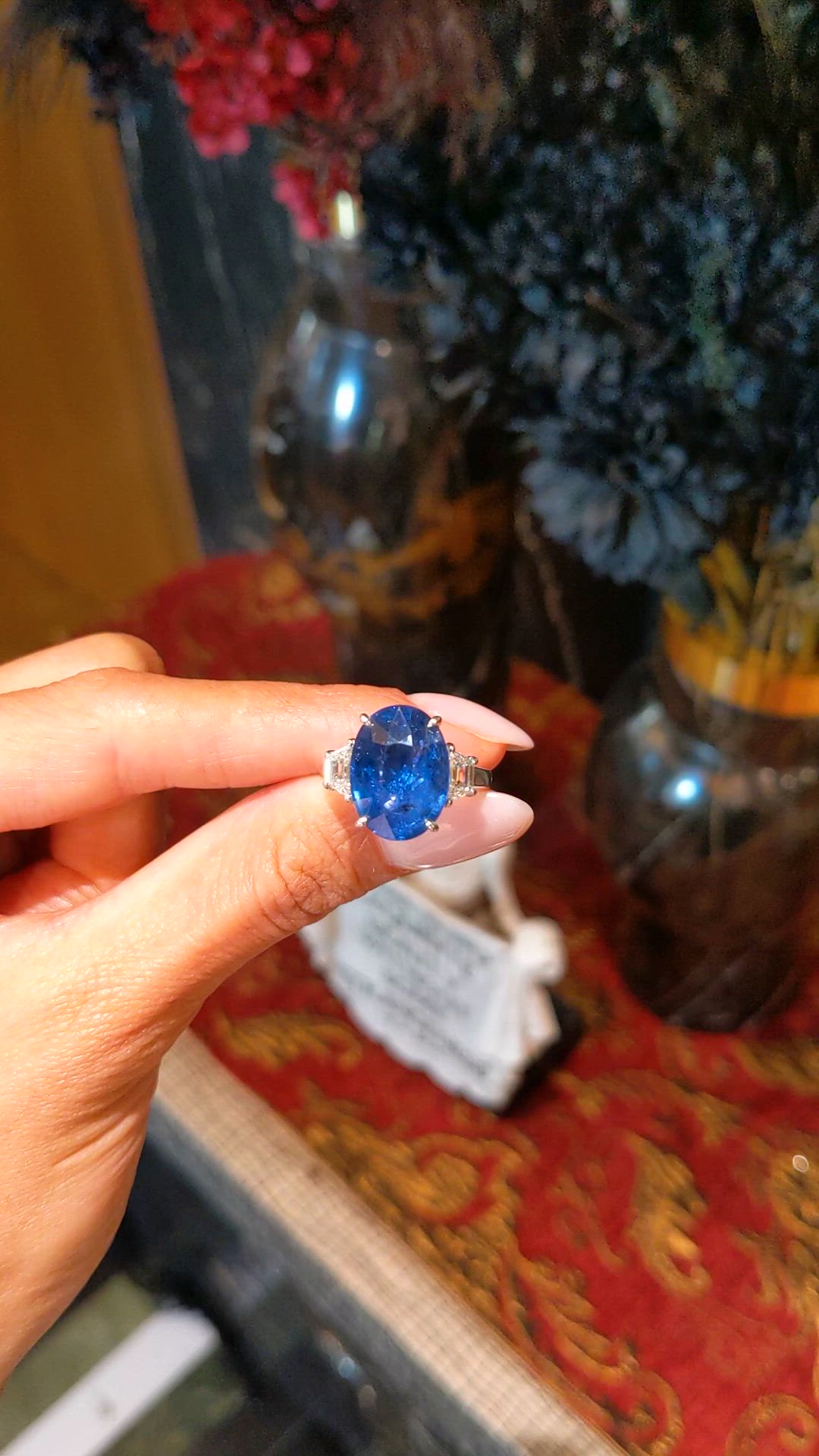 9.24 Ct. Blue Sapphire and Natural Diamond Three Stone Ring, 18K White Gold Size Video