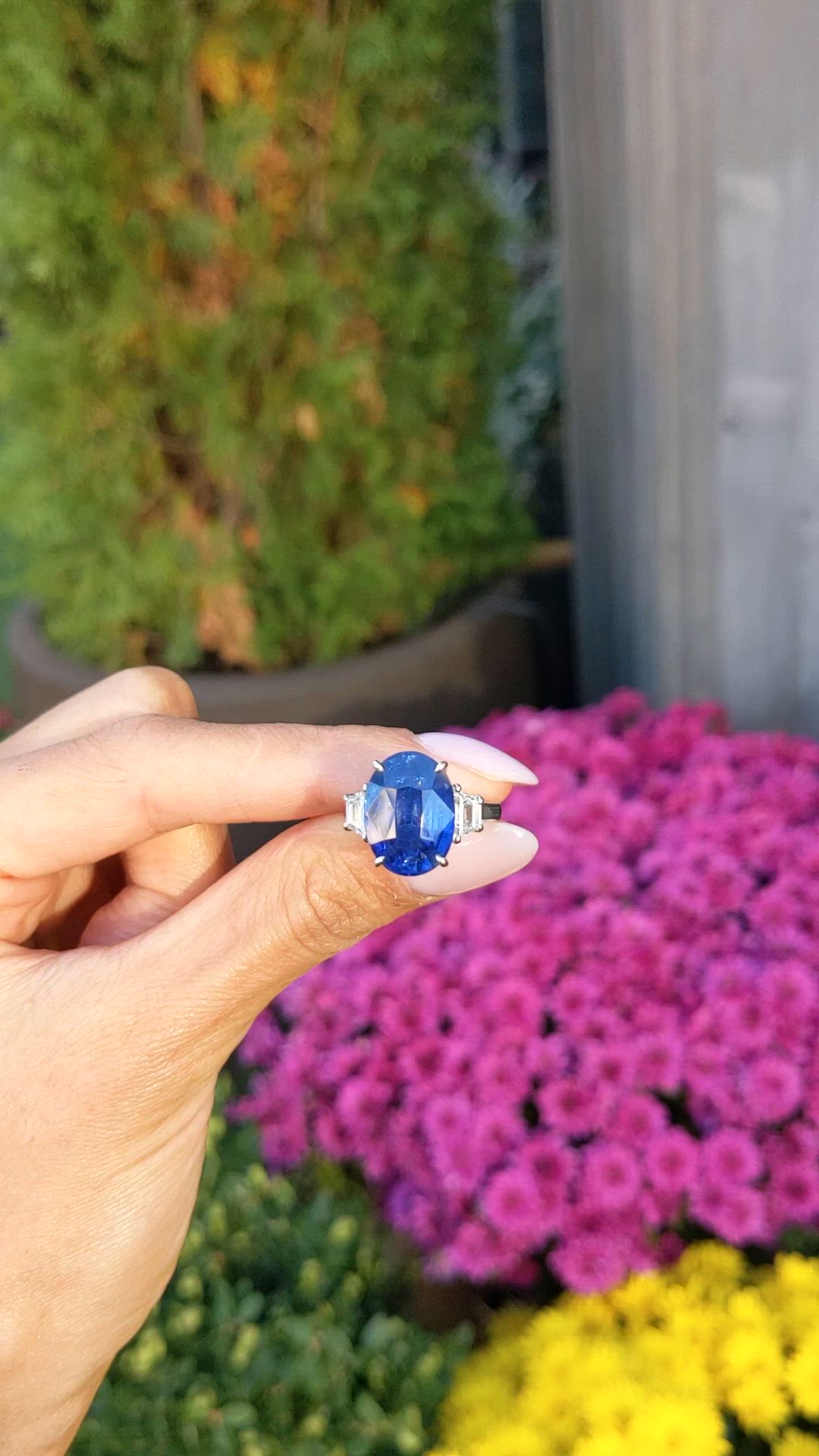 9.24 Ct. Blue Sapphire and Natural Diamond Three Stone Ring, 18K White Gold Size Video