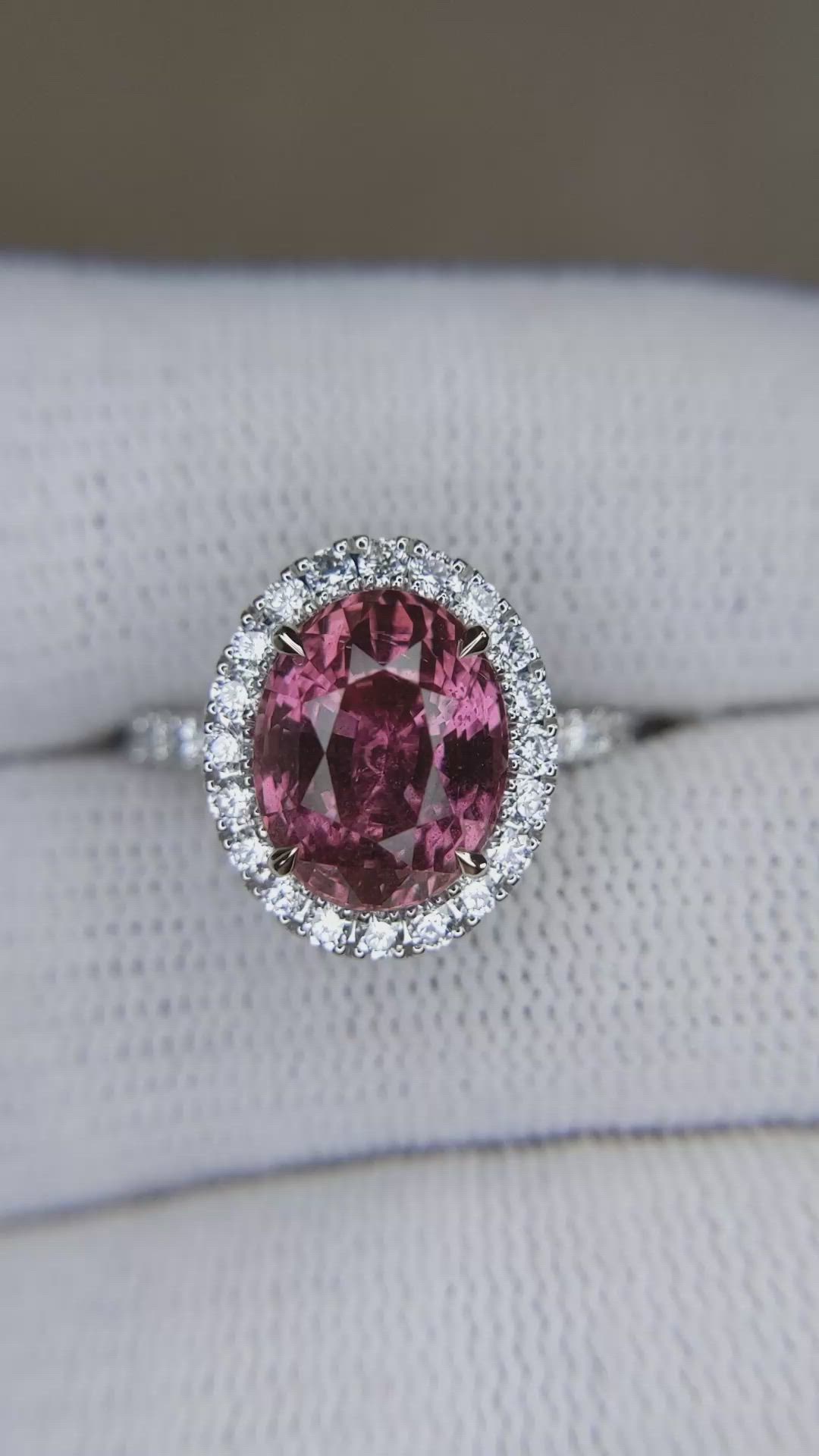 4.24 Ct. Pink Sapphire and Natural Diamond Pave Ring, 18K White Gold Size Video