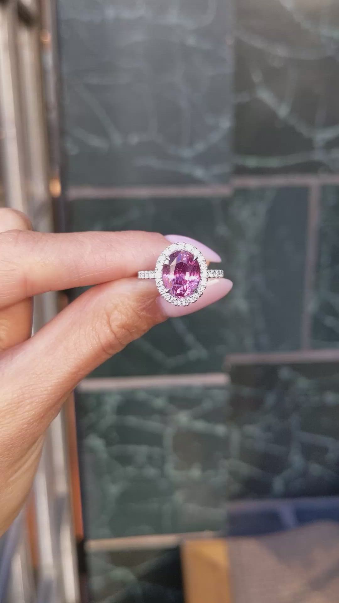 4.24 Ct. Pink Sapphire and Natural Diamond Pave Ring, 18K White Gold Size Video