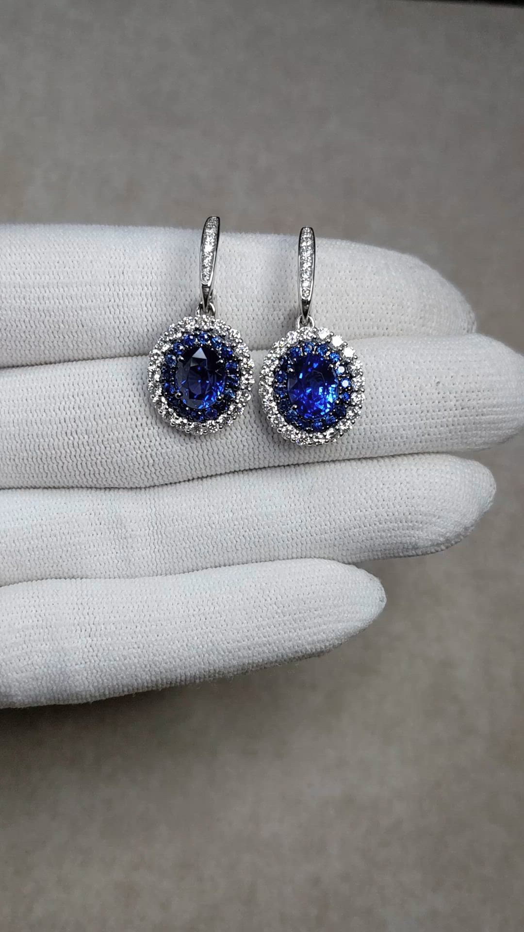 6.01 Ct.Tw.Total Carat Weight Blue Sapphire and Natural Diamond Pave Earrings, 18K White Gold Size Video